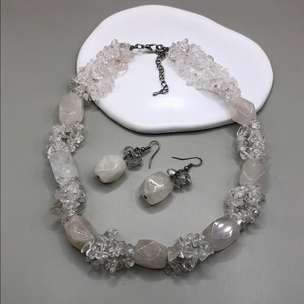 Frost white quartz crystal stone gemstone necklace and earrings jewelry set boho